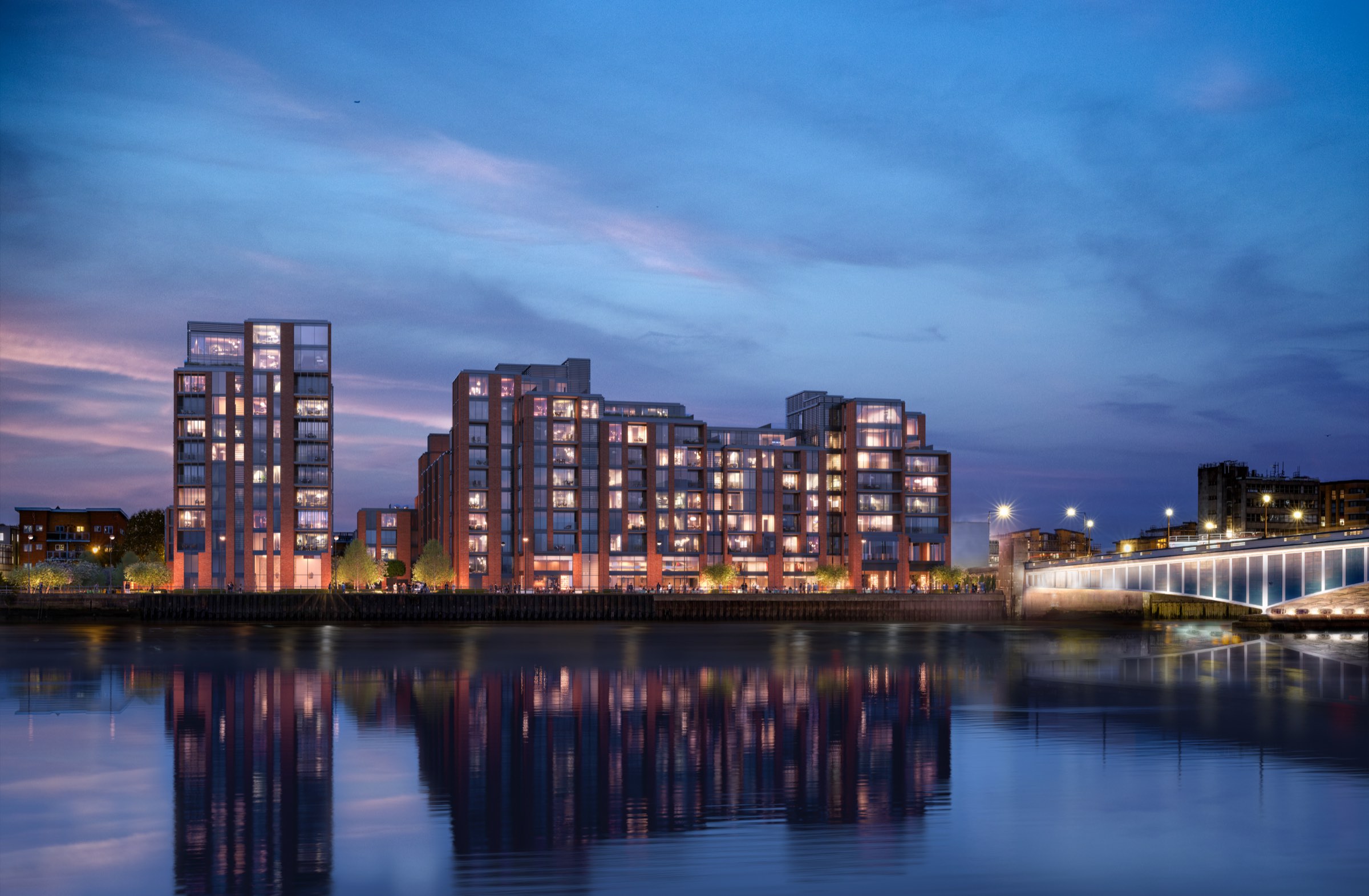Hurlingham Waterfront seen from the River Thames at dusk